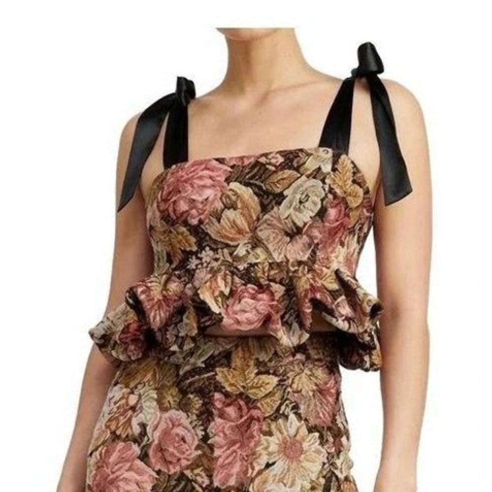 En Saison Floral Brocade Peplum S Top Black Pink Gold Ribbon Tie Straps NWT Glam